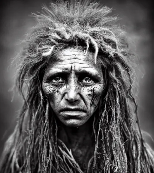 Image similar to Award winning reportage photo of prehistoric Cavepersons with incredible insane hair and beautiful hyper-detailed eyes wearing traditional garb by Lee Jeffries, 85mm ND 5, perfect lighting, gelatin silver process