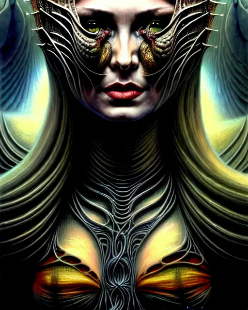 Image similar to single face portrait. complex hyper-maximalist overdetailed cinematic cosmic scifi portrait of an elegant very attractive but wild and dangerous humanoid reptilian goddess by andrei riabovitchev, tomasz alen kopera, oleksandra shchaslyva. Omnious intricate. Secessionist portrait illustration. Poison goddes. Slightly influenced by giger. Zerg human hybrid goddes. Unreal engine 5. Focus on face. Artstation. Deviantart. 8k 4k 64megapixel. Cosmic horror style. Rendered by binx.ly.