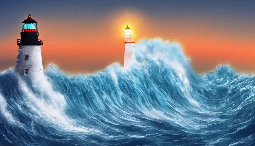 Image similar to a lighthouse being struck by a huge wave out at sea, digital art, highly detailed, realistic, bright colors, 8 k