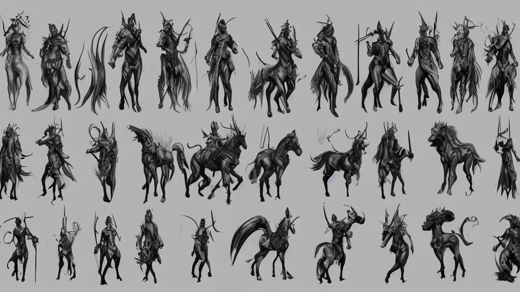 Image similar to a fantasy centaur warlock character design sheet, trending on artstation