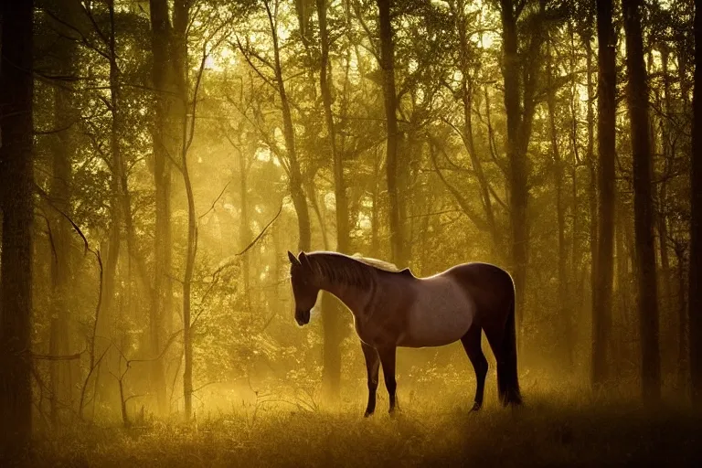 Image similar to beautiful horse in the forest evening natural light, fireflies, 200mm by Emmanuel Lubezki