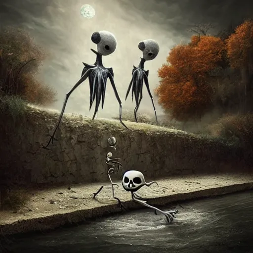 Prompt: michal karcz surrealism drawing of the end of the road. , in the style of jack skellington, in the style of a clown, loony toons style, horror theme, detailed, elegant, intricate, 4k, Renaissance painting