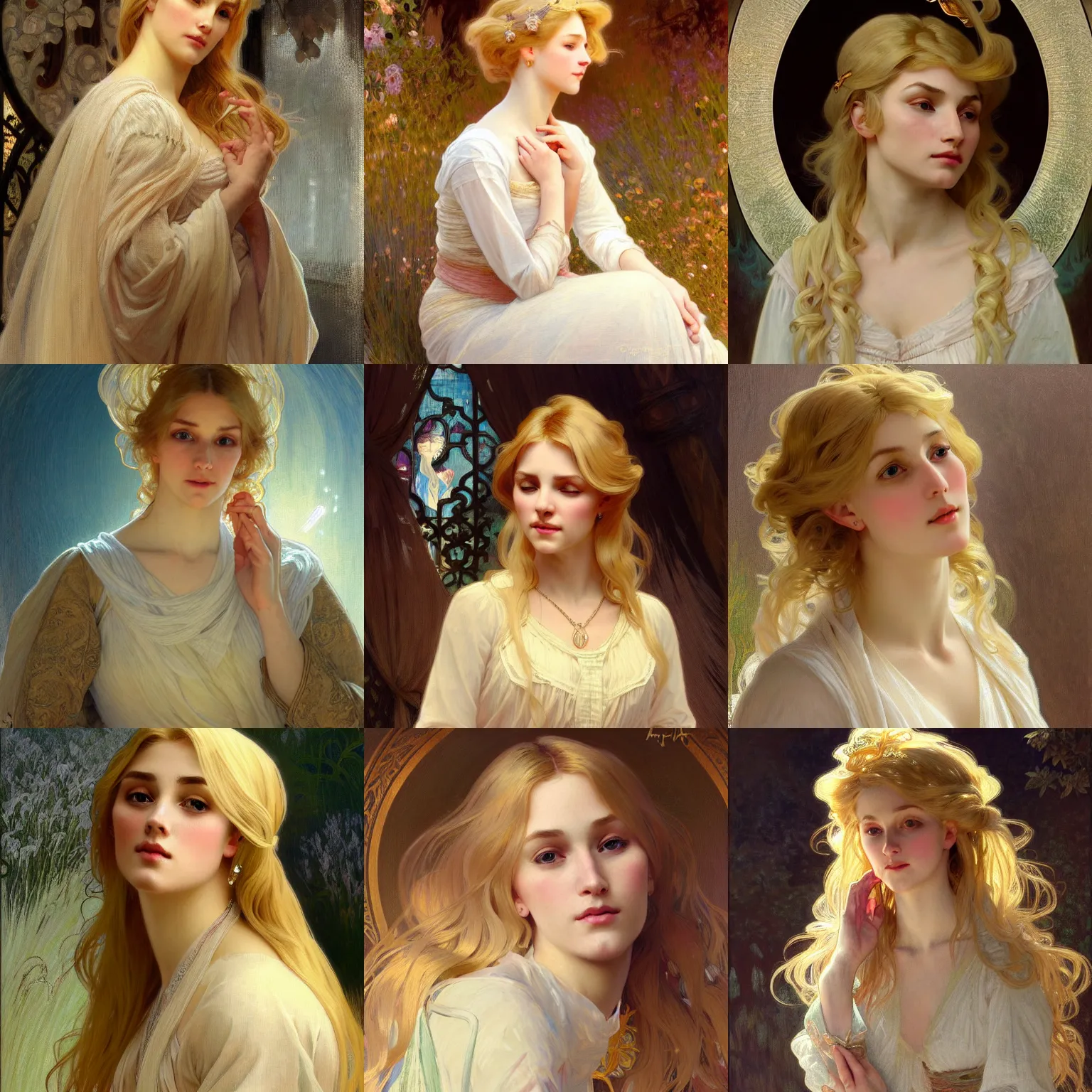 Image similar to painted portrait of a modest wife blessed by god with ever - increasing intelligence beauty and virtue. blonde, clothed holy body, light effect. feminine, powerful, in clothes! intricate, elegant, highly detailed, digital painting, artstation, concept art, smooth, sharp focus, illustration, art by gaston bussiere and alphonse mucha