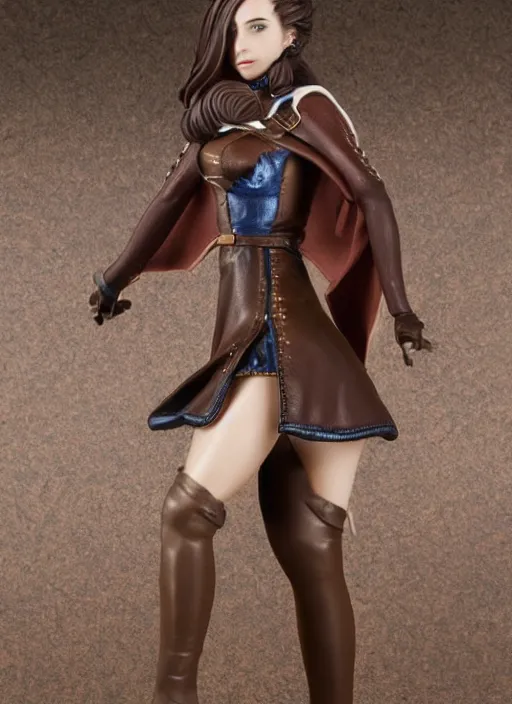 Image similar to 80mm resin detailed miniature of a female alchemist with short brown hair wearing a short dress, white stockings, leather boots and cape, Product Introduction Photos, 4K, Full body