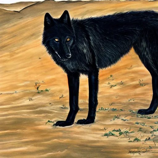 Image similar to black wolf in an australian desert, painting