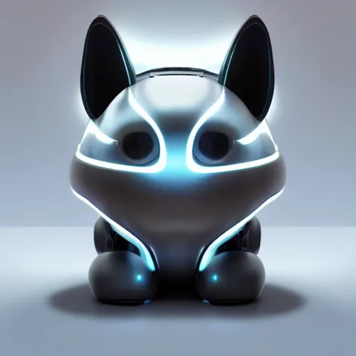 Prompt: product photo of a futuristic stylized pet robot, kitten puppy teddy mix, super cute robot face, big eyes small mouth, large ears, large tail, by artgerm and greg rutkowski and marc newson, alphonse mucha, zaha hadid, side view, volumetric light, detailed, octane render, midsommar - t