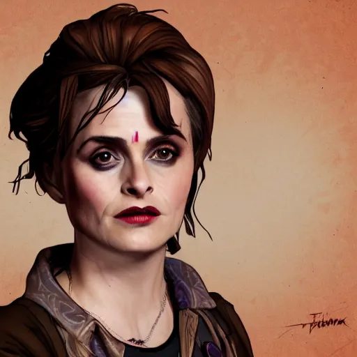 Image similar to helena bonham carter portrait, borderlands, tales from the borderlands, the wolf among us, comic, cinematic lighting, studio quality, 8 k