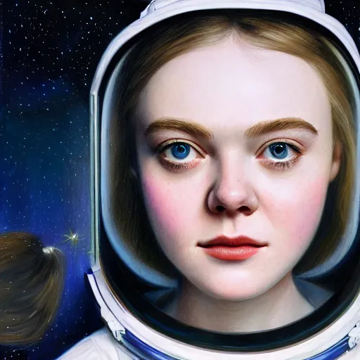Prompt: portrait of a elle fanning as an astronaut, detailed realism face in painting, detailed beautiful portrait, oil painting masterpiece, 8 k resolution, smooth, sharp focus, trending on artstation, by rembrandt