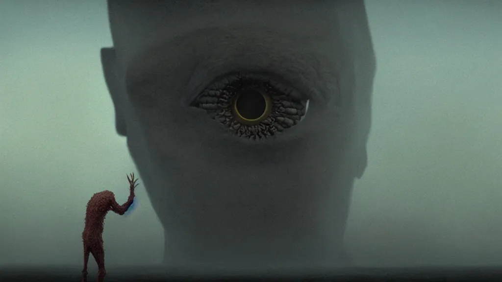 Image similar to the strange creature in my eye, film still from the movie directed by denis villeneuve and david cronenberg with art direction by salvador dali and zdzisław beksinski, wide lens