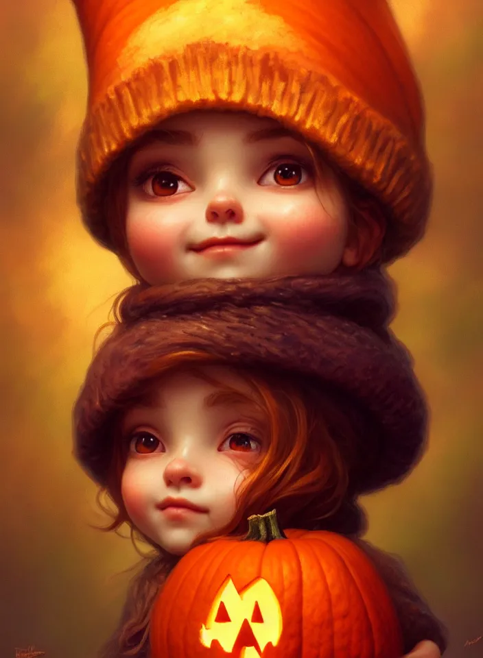 Image similar to hand drawn cute one gnomes face in autumn and pumpkin, detailed closeup face, concept art, low angle, high detail, warm lighting, volumetric, godrays, vivid, beautiful, trending on artstation, art by artgerm and greg rutkowski and alphonse mucha