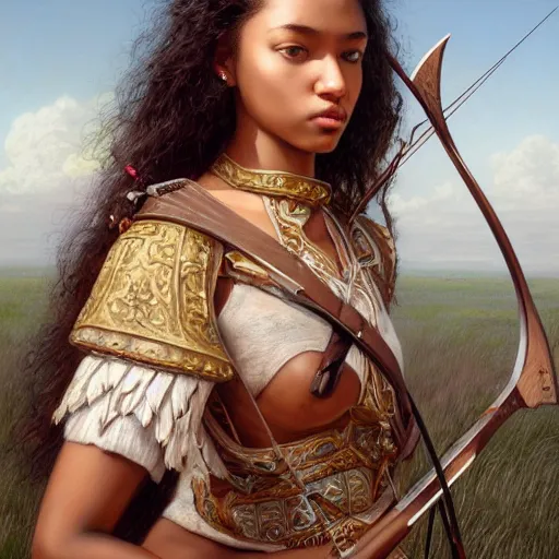 Image similar to art station concept of a beautiful girl with a bow and arrow, brown skin, sweaty skin, symmetrical face, casual white garment, white desert background, shiny colorful, hyperdetailed, artstation trending, world renowned artists, worth1000.com, historic artworks society, antique renewal, cgsociety, by greg rutkowski, by Gustave Doré, Deviantart
