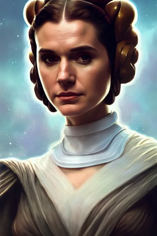 Image similar to portrait of henry cavill as princess leia, star wars, upper body, fantasy, intricate, elegant, highly detailed, digital painting, artstation, concept art, smooth, sharp focus, key light, illustration, art by artgerm and greg rutkowski and alphonse mucha