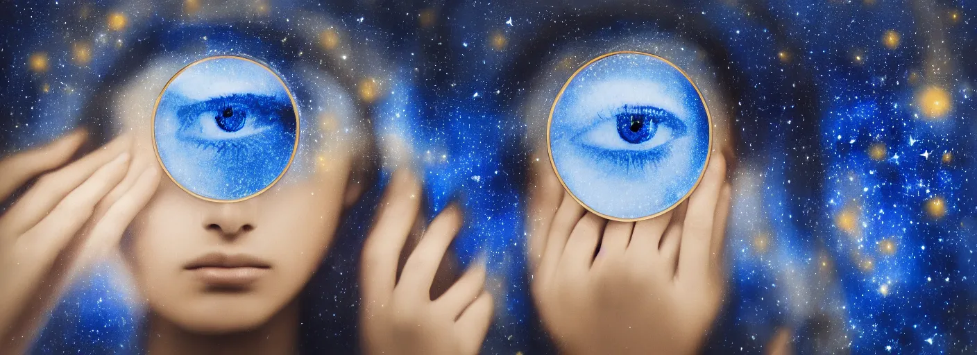 Image similar to the longest night reflected in the eye, awardwinning portrait photography, symmetrical cloaked figure face, ultramarine blue and gold astronomical star constellations and watch gears, moon and candle