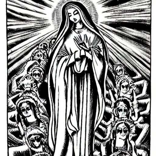 Prompt: An junji ito style drawing of the virgin of guadalupe rising above hundreds of demonic angels