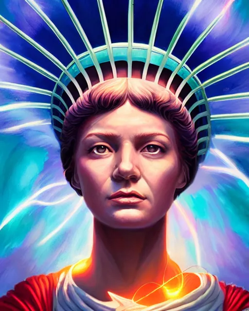 Prompt: lady liberty portrait, artgerm, wlop, ross tran, tom whalen, radiant halo of light, peter mohrbacher, fireworks, celestial