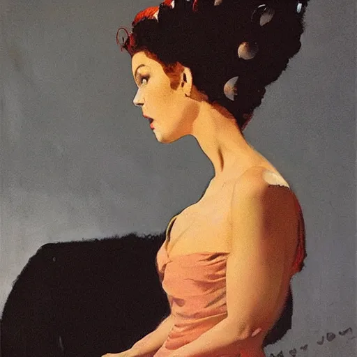 Image similar to Amused woman in dark dress, by Robert McGinnis.