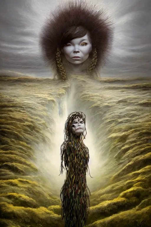 Prompt: beautiful bjork portrait in iceland by hubert robert and lee madgwick and roger dean and jacek yerka, dan mumford and alex grey style, soft lighting, 4 k hd wallpaper illustration concept joy atmospheric lighting