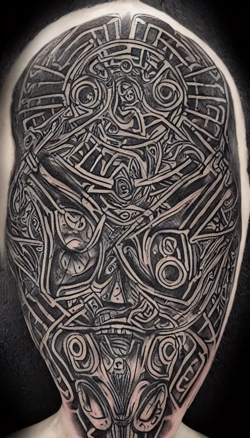 Prompt: ancient biomechanical hybrid aztec fantasy human face mask tattoo pattern concept, teonanacatl glyph, intricate artwork by, Alex Grey, Artgerm, H.R. Giger, very coherent artwork, cinematic, hyper realism, high detail, octane render, unreal engine, 8k, High contrast, higly detailed black ink outline