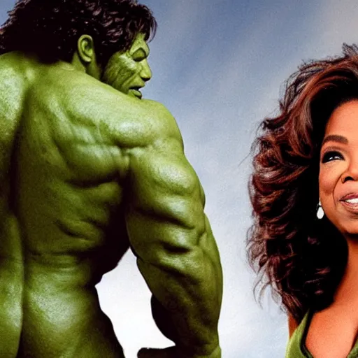 Prompt: oprah starring as the incredible hulk, movie still, hd,