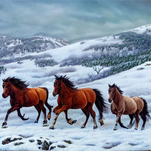 Image similar to painting of a herd of wild horses on a snowy mountain in the style of Bev Doolittle, HD, Detailed, Realism