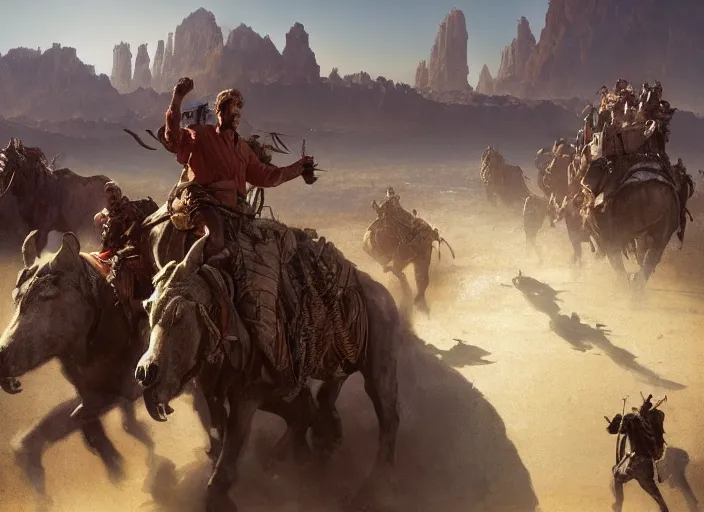 Image similar to the big large expedition with a crowd of adventurers being brought by gigantic mammals carrying stuff towards the desert of duhnes medium shot, key art by craig mullins, bloom, dramatic lighting, cinematic, high details