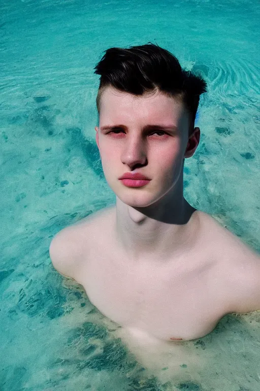 Prompt: high quality pastel coloured film mid angle docu photograph of a beautiful young 2 0 year old male, soft features, short black hair, falling, jumping in an icelandic black rock pool environment. atmospheric. three point light. photographic. art directed. ( pastel colours ). volumetric light. clearcoat. waves glitch. 8 k. filmic.