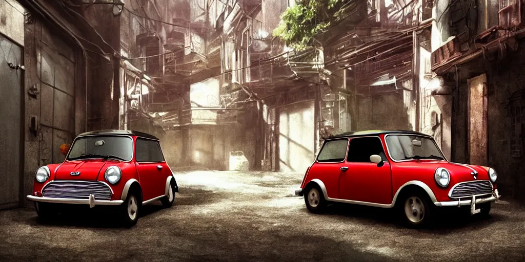 Image similar to a wholesome animation key shot of a focused old Red Mini Cooper car parked in an abandoned alleyway, medium shot, waist up, studio Ghibli, Pixar and Disney animation, sharp, very detailed, high resolution, Rendered in Unreal Engine 5, anime key art by Greg Rutkowski, Bloom, dramatic lighting