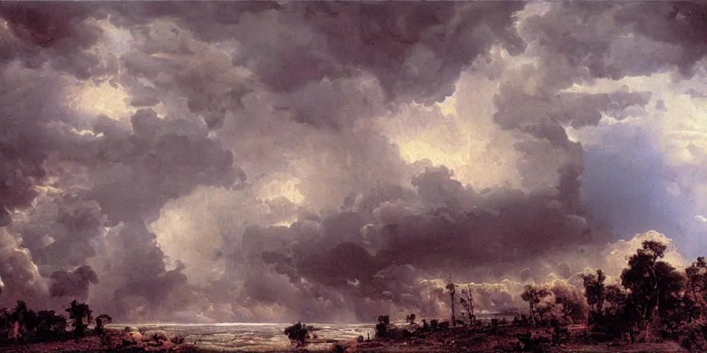 Image similar to an immense storm fills the sky, the ground shatters cataclysmicly, Ivan Shishkin and John Martin