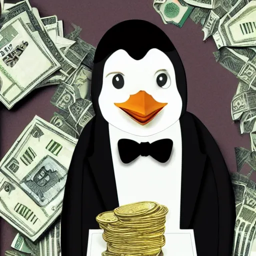 Image similar to Picture of a penguin wearing a suit with a stack of money, drug lord, hair, godfather, symmetrical, dark environment, smoke, realistic, highly detailed, digital art, trending on artstation,