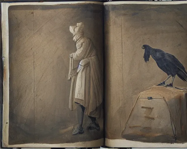 Prompt: a history textbook page that's describing 'a table that's holding an ancient effigy of a raven', clay sculpture, photograph, zoomed out, trending on tumblr