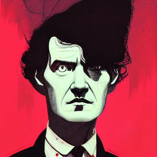 Image similar to portrait top light, by killian eng and joe fenton and martin deschambault and conrad roset, inspired by eraserhead david lynch, red background and grey only, etching, fine, sharp high detail,