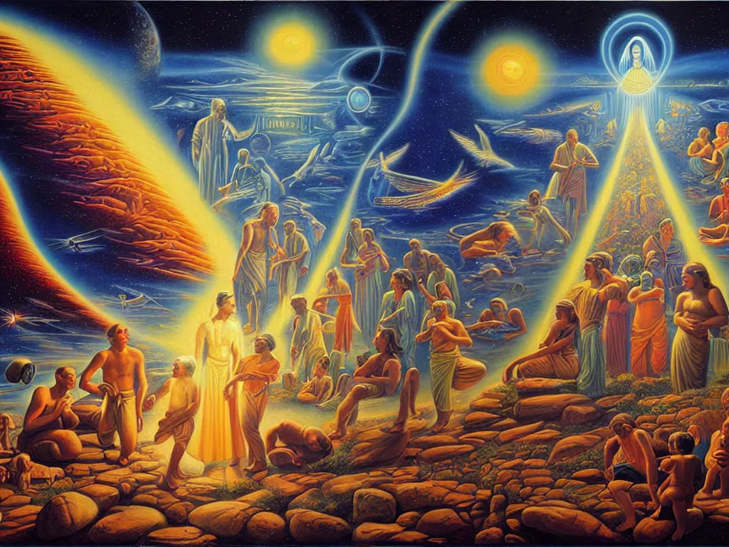 Image similar to a beautiful future for human evolution, spiritual evolution, divinity, enlightenment, utopian, by david a. hardy, wpa, public works mural, socialist