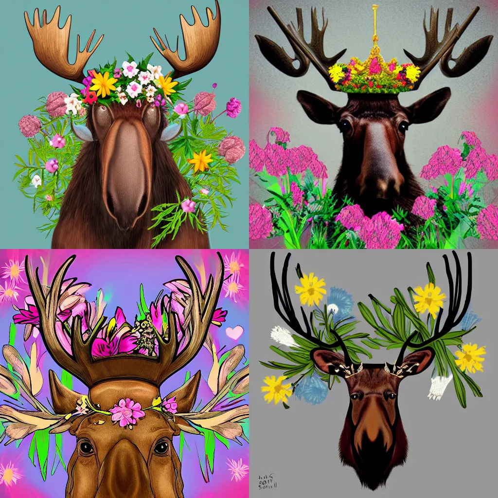 Prompt: A moose wearing a crown of flowers, digital art