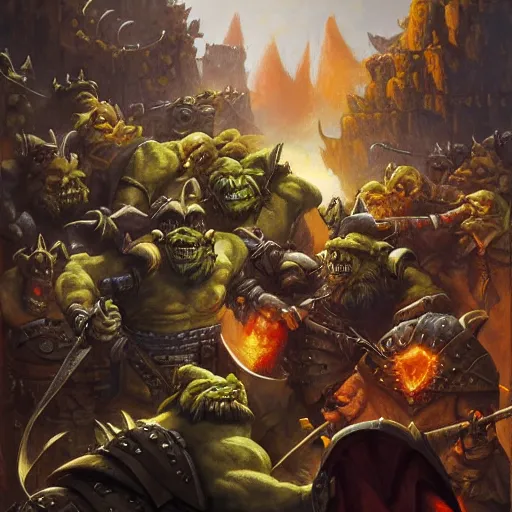 Image similar to knights vs orcs, oil painting by justin gerard, deviantart