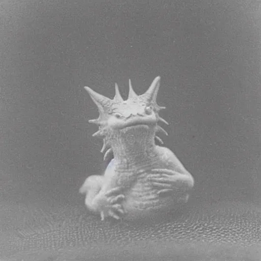 Image similar to victorian photograph of a baby dragon, highly realistic, scaly, grainy photo, blurry, creature, faded, 1 9 0 0, 1 8 8 0 s