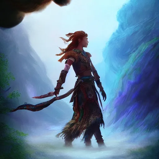 Prompt: Long Shot of Aloy in misty mysterious astral temple jumpin with pistol in river of chromatic SPIRITS , beautiful, dmt, trending on artstation, omnious, soft, artwork by Wong, Liam