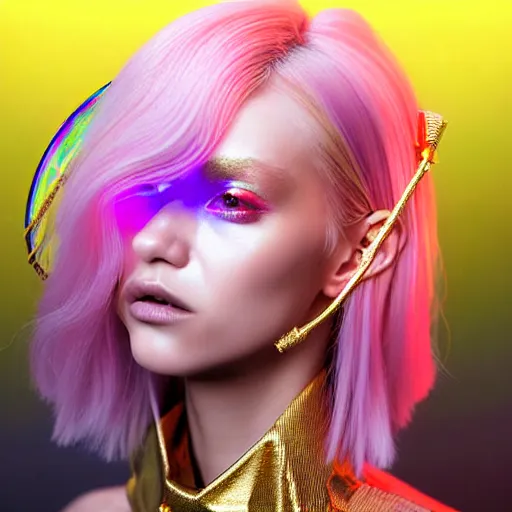 Image similar to hyperdetailed portrait of a stunningly beautiful cyberpunk cutie european girl with blonde hair guard made of iridescent metals and shiny pink gems, bright rainbow nimbus, gold necklace, gold background inspired by ross tran and masamune shirow and kuvshinov, intricate, photorealistic, octane render, rtx, hdr, unreal engine, dnd digital art by artgerm