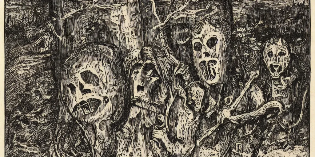 Image similar to scan of book with wood engravings of tyrolean folklore masks, scary dark, dark ink, old paper