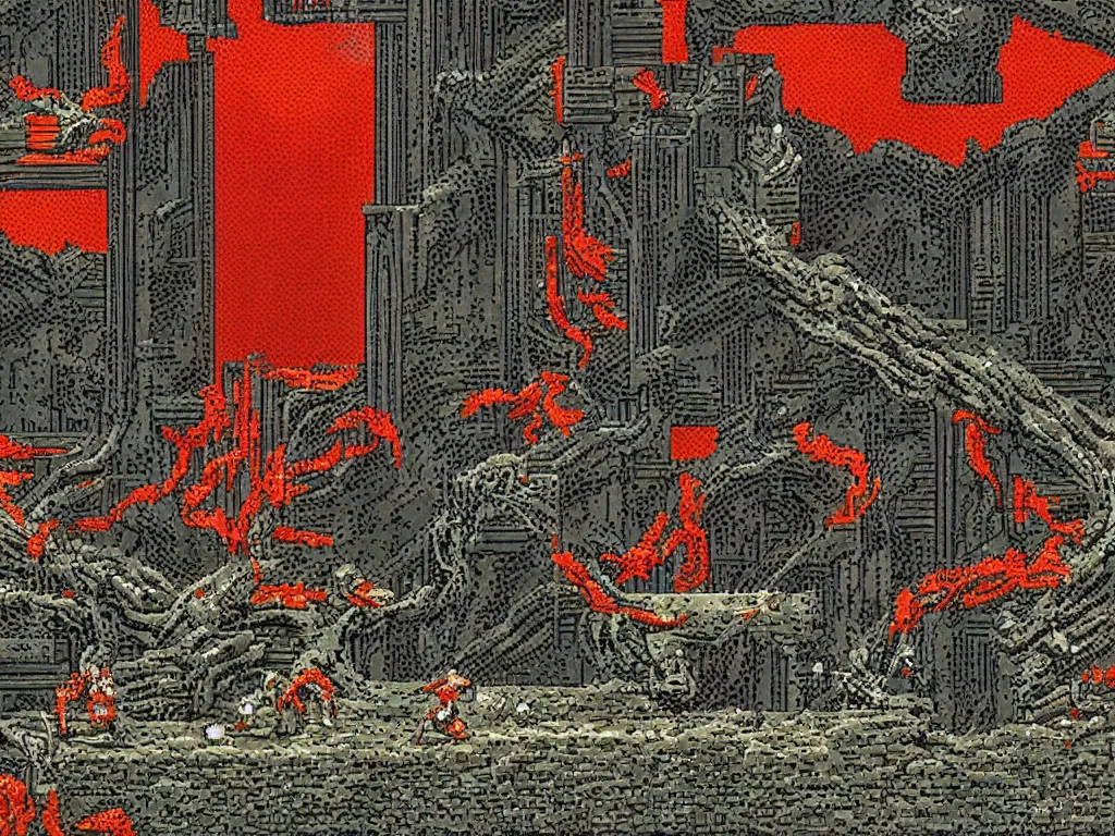 Image similar to Sega Mega Drive Genesis sidescroller game by H.R. Giger, Todd McFarlane, Zdzislaw Beksinski, pixelated