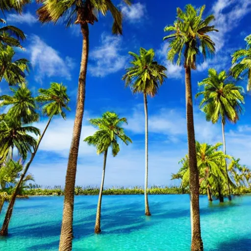 Image similar to surreal palm trees detached trunks floating floating floating in blue sky, random positions floating, flying