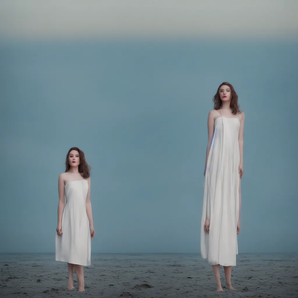 Prompt: a portrait photography of Jennyfer Lawrence with full body dress in white by Flora Borsi, stand up with the sea behind, soft sunset lighting, pastel colors scheme, fine art photography, dramatic backgroung, 80 mm sigma art