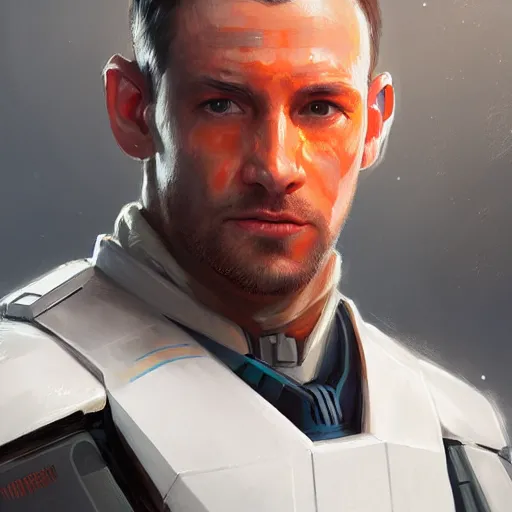 Prompt: portrait of a man by greg rutkowski, a soldier of the new galactic republic, wearing a white, blue and orange tactical gear, star wars expanded universe, highly detailed portrait, digital painting, artstation, concept art, smooth, sharp foccus ilustration, artstation hq