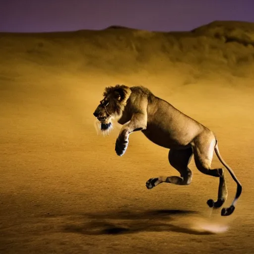 Prompt: photo of lion jumping onto a gazelle, low shutter speed, dramatic, at night