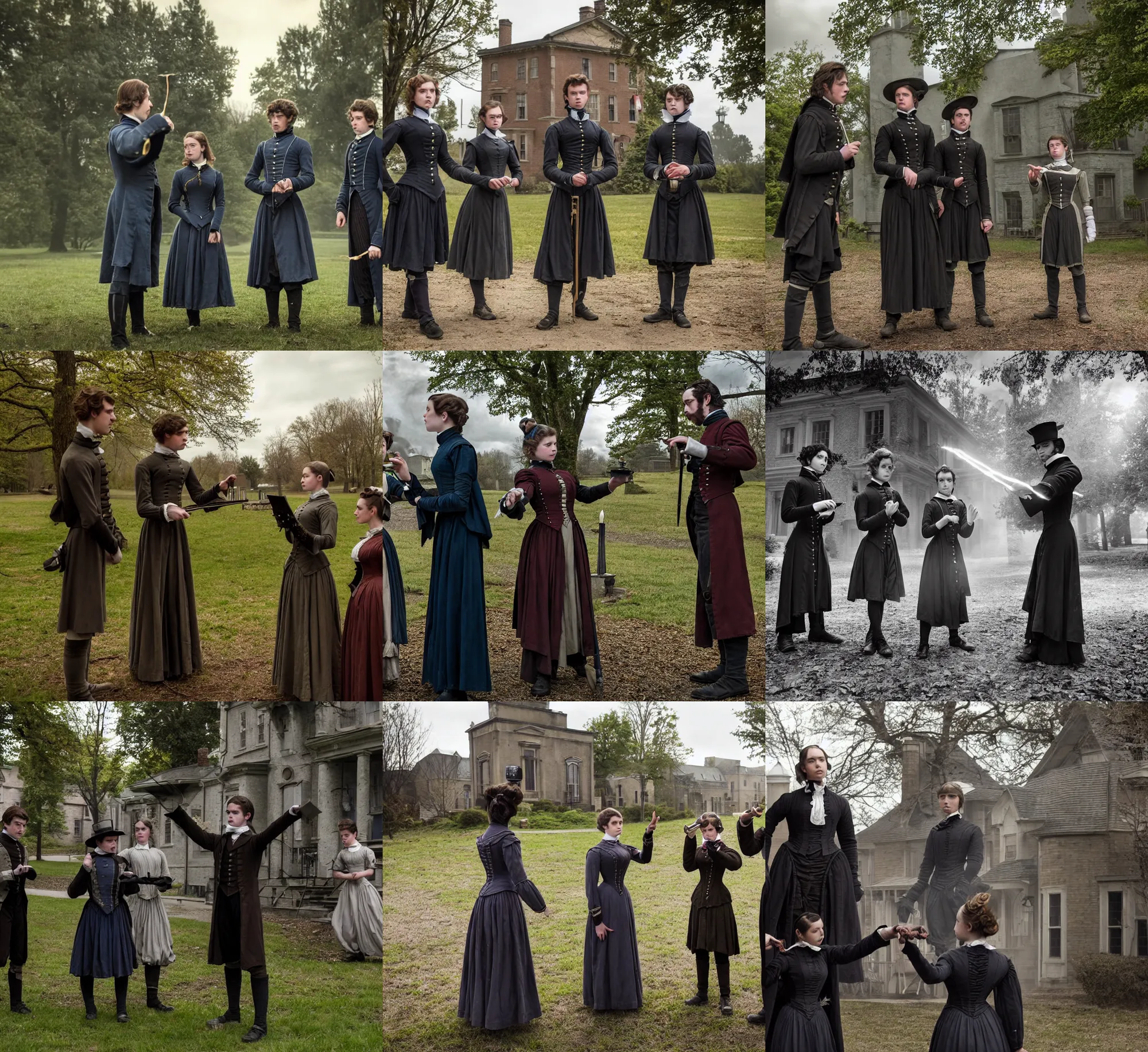 Prompt: sharp, detailed, still from a 2 0 1 9 sci fi 1 6 k movie, set in 1 8 5 0 in an alternate universe, mid distant shot of three students practicing magic, outside the school of magic, good special effects, wearing 1 8 5 0 s clothes, atmospheric lighting, in focus, reflective eyes, 3 5 mm macro lens, live action, nice composition