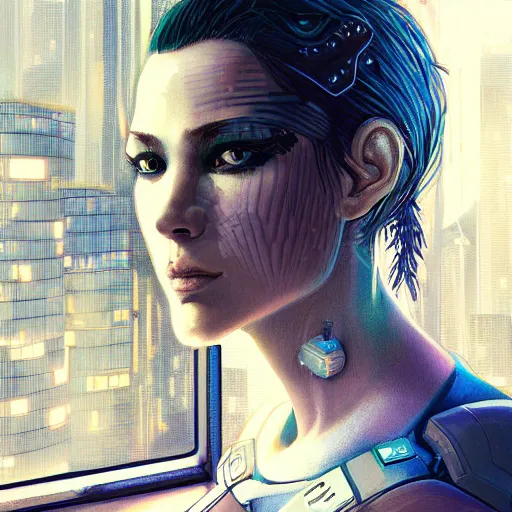 Image similar to portrait of cyberpunk woman looking out of a window, cyberpunk setting, futuristic, highly detailed, intricate lighting, digital painting, sharp focus, illustration, trending on artstation, art by pixar animation.