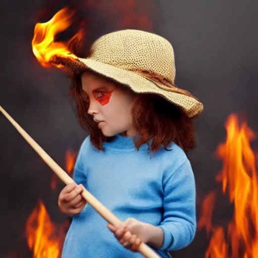 Prompt: candid photo of little girl burning in hell wearing a blue and white fishing hat by Annie Leibowitz, Photorealistic, extremely detailed, UHD, correct faces, hyperrealistic