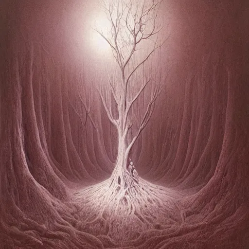 Prompt: Tree of sacral geometry in horror mist by Gustave Doré Greg Rutkowski zdzisław beksiński