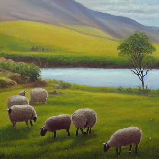 Prompt: Grassy river valley, pastoral scene. Spring, sheep across the landscape. Oil on canvas, award winning