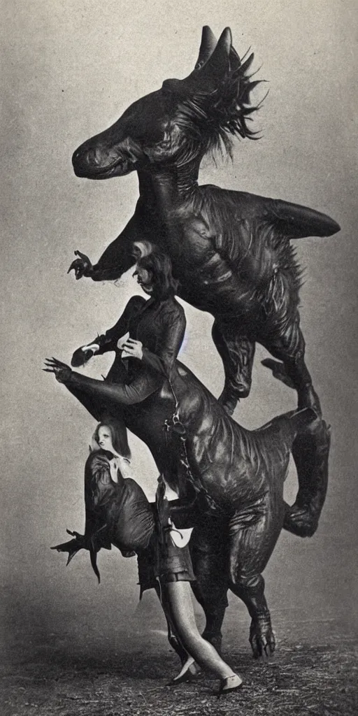 Prompt: t rex and a [ [ horse ] ] wearing heels, strange, [ metal ], black and white photograph, 1 8 5 0 s