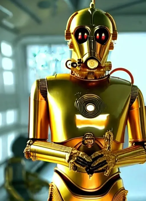 Image similar to c - 3 po as a hamster!!!!!!!!! 1, movie still, star wars, cinematic, sharp focus, cinematic grain, cinematic lighting, 8 k